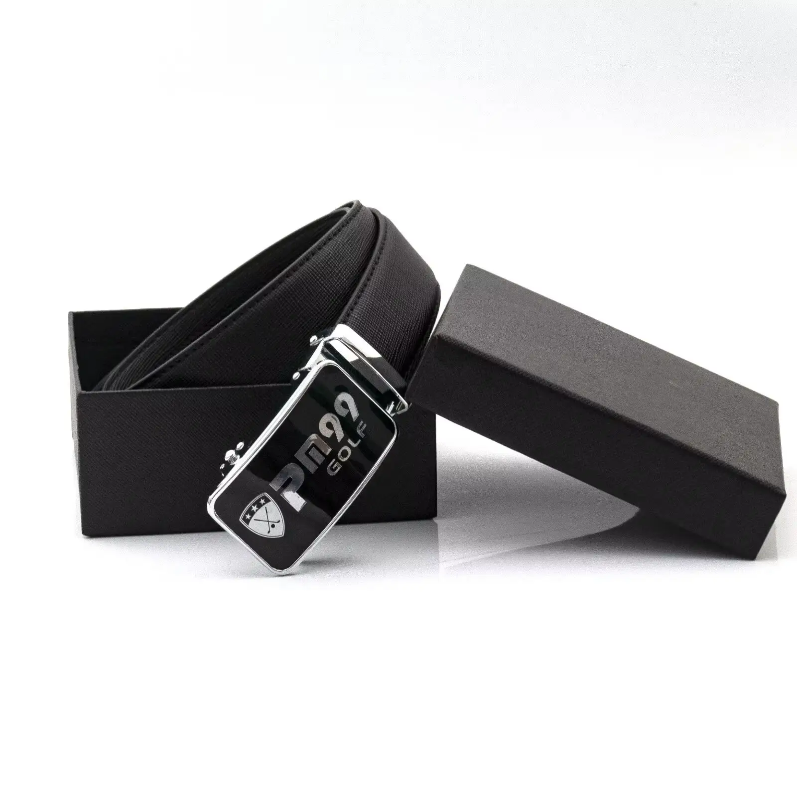 Cinturones de golf elásticos con punta de cuero elástico ajustable negro para hombre con logotipo personalizado