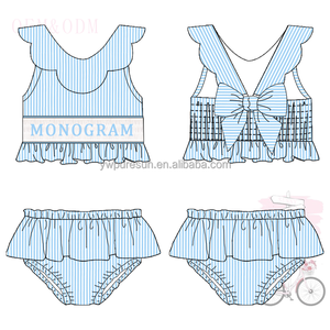 Vendita calda toddler girls costume da bagno seersucker 2 pezzi costume da bagno foderato smocked con monogramma i bambini indossano <span class=keywords><strong>bikini</strong></span> con volant smerlato - Product Image 6