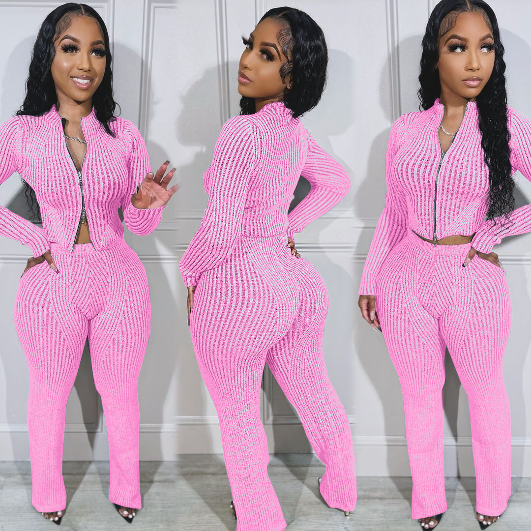 New Knit Casual 2 Piece Set Outfit Women Solid Zip Slim Crop Top and Flare Pants Two Piece Set Women Clothing · image 5