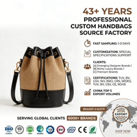 Sac seau d'été en paille tressée pour femme avec garniture en cuir noir, sac à bandoulière à cordon, logo personnalisé, OEM ODM, vente en gros d'usine