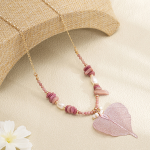 Collar con Colgante <span class=keywords><strong>de</strong></span> Cadena <span class=keywords><strong>de</strong></span> Corazones Chapado en Oro <span class=keywords><strong>de</strong></span> 18K, con Hoja <span class=keywords><strong>de</strong></span> Árbol Bodhi Rosa y Perla Natural, Novedad 2026 - Product Image 4