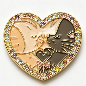 Épingle en métal plaqué or en forme de cœur avec chats en émail et strass, thème amour pour la Saint-Valentin - Product Image 1