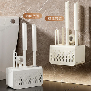 Toilet Brush Holder Set With Base Long Handle Wall Mounted Rectangular Milky White Durable Modern Design - Product Image 3