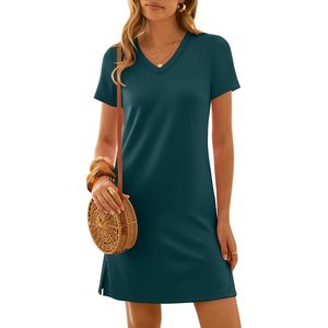 Vestido de Verano para Mujer, Manga Corta, Cuello en V, Informal, Tipo Camiseta, Transpirable, Tejido, Silueta Recta, para Vacaciones y Viajes - Product Image 1