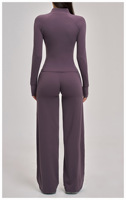 Setelan Yoga Wanita Lengan Panjang Berbahan Halus, Jaket Kerah Tegak dengan Ritsleting, Celana Kaki Lebar, Pakaian Santai untuk Olahraga Lari dan Fitness