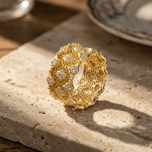 Luxury Yellow <b>Gold</b> <b>Cocktail</b> <b>Ring</b> With Round Moissanite Pave Setting Geometric Hollow Design For Women Party Jewelry - Product Image 4