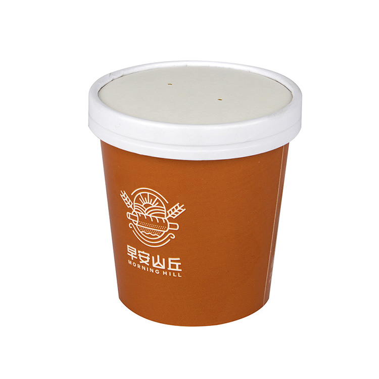 Экологичный одноразовый пищевой контейнер на вынос, миски из крафт-бумаги для лапши, чашки для горячего супа с плоской бумажной крышкой