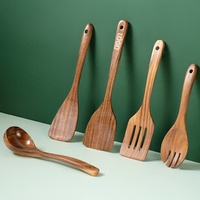 Ensemble d'ustensiles de cuisine en bois d'acacia à petites feuilles, spatule pour wok, louche à soupe, spatule en bois de teck, cuillère de cuisine - Vente chaude