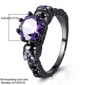 Anillo de Calavera Gótico Moderno y Creativo con Circonita Púrpura, Latón con Baño de Plata Negra, Certificado, Joyería Punk de Moda para Mujer, Venta al por Mayor, Unisex - Product Image 3