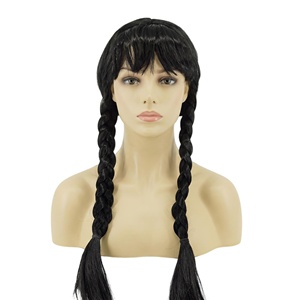 <span class=keywords><strong>Perruque</strong></span> de cosplay <span class=keywords><strong>Wednesday</strong></span> <span class=keywords><strong>Addams</strong></span>, noire, longue, à double tresses, synthétique, avec franges - Product Image 1