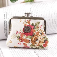 Dompet Koin Kanvas Gaya Retro Dua Lapis Tas Koin Bunga Multifungsi Tas Uang Koin Bunga Vintage Dompet Pengait Bunga Mawar