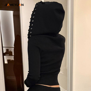Ensemble de survêtement 2 pièces haut de gamme 280 g/m² personnalisé, coupe ajustée, avec <span class=keywords><strong>veste</strong></span> à capuche zippée et pantalon, style crop top, pour le sport et la détente - Product Image 4