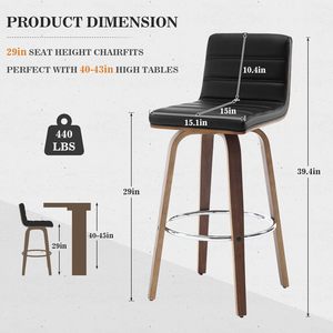 Swivel Bar Stools with Backs, Upholstered PU <strong>Leather</strong> <strong>Barstool</strong>, Mid-Century Modern Bar Stool Chairs for Kitchen Island, Black - Product Image 6