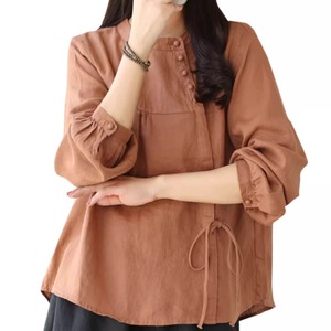 Sky Blue Cotton Linen Shirt Women Long Sleeve Loose Fit Tie Front Blouse Autumn Everyday Wear - Product Image 5