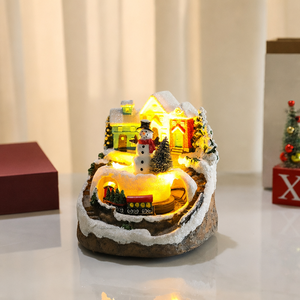 Figurine de Noël en résine avec musique et rotation, village de Père Noël et bonhomme de neige lumineux avec train miniature, décoration de table festive - Product Image 2