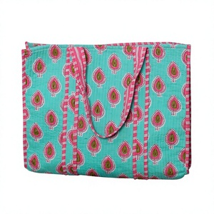 Handmade Quilted Cotton Tote <b>Bag</b> <b>Long</b> Handle Striped Pattern Indian Craftsmanship Rajasthan Women-Groceries Daily Use Exhibition - Product Image 1