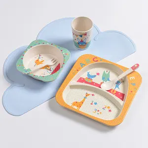 Bamboevezel Kinderservies Set Babyvoeding Borden Kom Met Bekervork Lepel Cartoon Dier Kids Serviesgoed