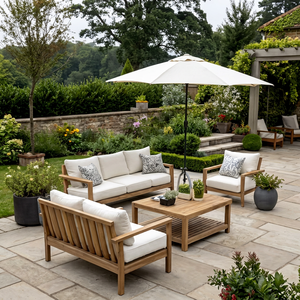 Conjunto de Sofá de Jardín de Madera de Teca Premium con Mesa Rectangular de Dos Niveles - Product Image 1