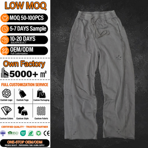 Men's Gray Vintage Distressed Sweatpants <b>Drawstring</b> Cotton <b>Trousers</b> Heavyweight Casual Streetwear Pants - Product Image 1