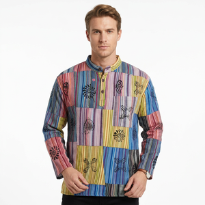 เสื้อเชิ้ตผ้าฝ้ายผู้ชายแบบขายส่ง ลายปะติดหลากสี ระบายอากาศได้ดี แขนยาว เสื้อคุรตะลำลอง สำเร็จรูป - Product Image 1