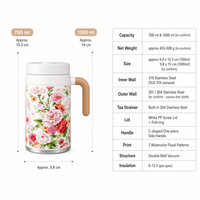 Gobelet isotherme floral en acier inoxydable 316, 700 ml, avec couvercle à vis et filtre à thé, grande capacité, pour garder au chaud, café et eau colorée
