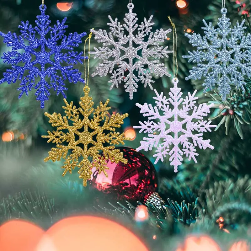 6pcs Plastic Gold Silver Glitter Powder Snowflake Xmas Ornaments Pendant Christmas Tree Decorative Hanging Snowflake