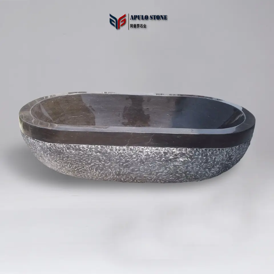 Grey black white marble bathroom tub two person large size freestanding solid surface composite stone resin marble tub