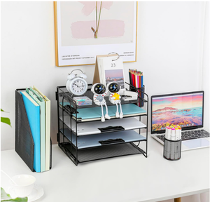Desk Organizer with <b>File</b> Holder 4 Tier Metal Mesh Desktop Organizer Paper Letter Tray Organizer with <b>Drawer</b> Holder 2 Pen Holder - Product Image 5
