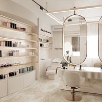 Design d'intérieur de salon de coiffure de luxe, mobilier de salon de beauté sur mesure, stations incurvées style crème, clé en main, LED, écologique