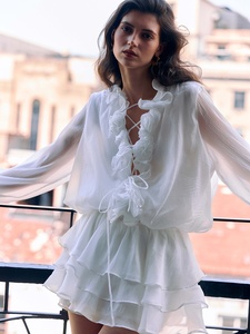 Abito estivo bianco a maniche lunghe arricciato francese per donne Casual <span class=keywords><strong>Chic</strong></span> con Design gonna corta con drappeggi anteriori naturali - Product Image 6