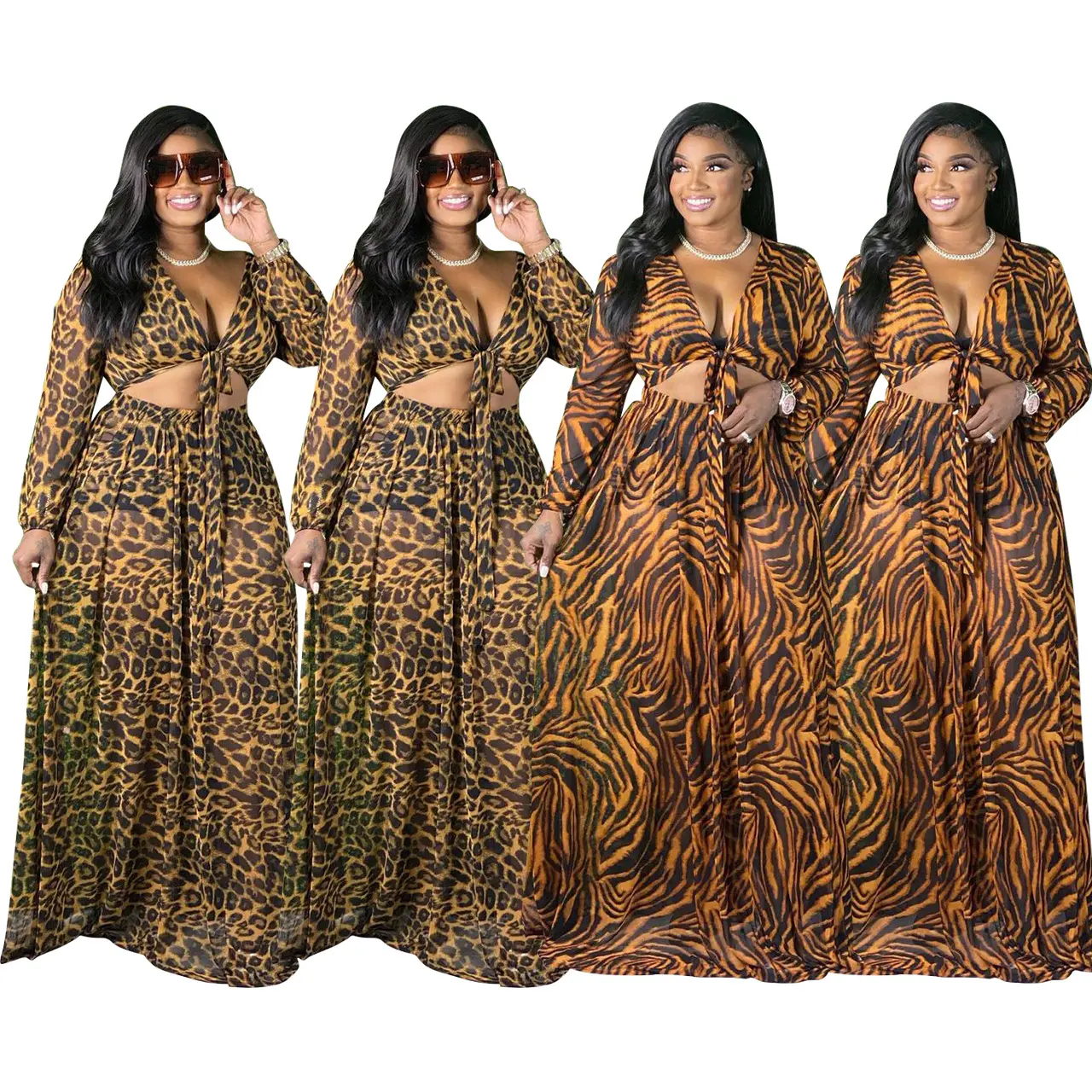 Trendy 2022 Long Sleeve Crop Top With Pleated Maxi Skirt Set Summer 4XL Plus Size Leopard Print Skirt Two Piece Set Ladies wear