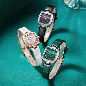 最新钻石水钻时尚女式皮革手表方形皮革手链表白色黑绿色女式石英表