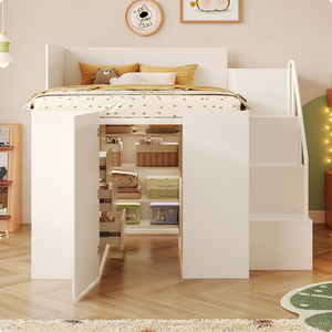 Ensembles de <span class=keywords><strong>chambre</strong></span> à coucher king size Queen <span class=keywords><strong>moderne</strong></span> <span class=keywords><strong>adulte</strong></span> blanc Lit hydraulique en bois relevable avec placard de rangement et escalier - Product Image 3