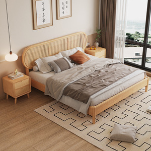 Retro Rattan Solid Wood Double <b>Bed</b> 1.8m 1.5m Storage <b>Bed</b> With Compartments Bedroom Furniture - Product Image 3