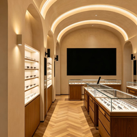 Vitrines d'exposition LED personnalisées pour lunettes, comptoirs de magasin d'optique, stations d'expérience en îlot central de centre commercial et vitrines d'exposition