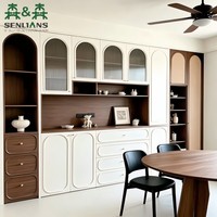 Buffet mural intégré sur mesure avec vitrine arquée, grand meuble de rangement en placage de bois pour salon