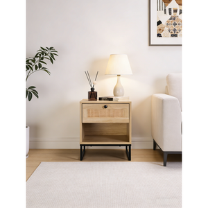 Birch Coastal Modern Side <b>Table</b> With Drawer Natural Wood Top Black Metal Legs - Product Image 4