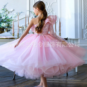 ML030 <span class=keywords><strong>Abito</strong></span> <span class=keywords><strong>Midi</strong></span> Monospalla Antistatico in Pizzo Floreale da Principessa per Bambina, Damigella d'Onore e Piccola Hostess Rosa - Product Image 2