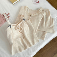 Ensemble de pyjama d'hiver en cachemire avec dentelle, coussinets de poitrine et couleur unie pour femme – Ensemble trois pièces