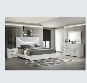 Modern Style 4 <b>Pc</b> Queen Bedroom <b>Set</b> with LED Headboard Solid Wood Construction Hand Carved Details Soft Bed in White - Product Image 1