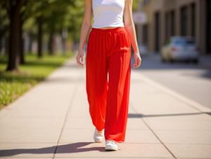 Pantalones anchos de gasa de cintura alta, largos, holgados, de color liso, con cintura elástica, para uso casual de verano - Product Image 3