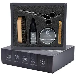 5pcs Mens Grooming Kit Comb Brush Stainless Scissors Gift Care with Wood Facial Care Medium Wooden Silk Screen for Men