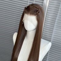 Wig lurus panjang sutra coklat muda untuk WANITA HITAM 13x6 garis rambut alami wig depan renda sintetis tahan panas