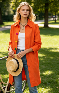 Manteau long décontracté pour femme, coupe ample, à revers crantés, couleur orange unie, style trench-coat, ouvert sur le devant, à manches longues, coupe-vent, idéal pour le bureau, vente en gros - Product Image 2