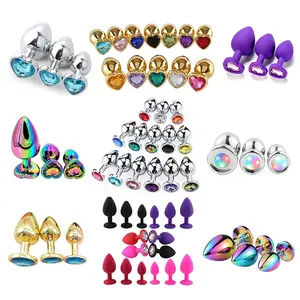 Custom Heart Shaped Rainbow Jewel G Spot Soft Silicon Silicone Anal Trainer Sex Toy Metal Light Up Butt Plug Set For Women Men