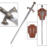 Réplique d'épée médiévale de croisé en alliage de zinc, lame non affûtée, style chevalier templier, finition argent antique