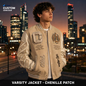 Giacche Varsity Personalizzate Beige da <span class=keywords><strong>Uomo</strong></span> Oversize con Toppe in Ciniglia, Chiusura a Bottoni, Maniche a <span class=keywords><strong>Righe</strong></span> in Ecopelle, Stile Vintage Invernale - Product Image 1
