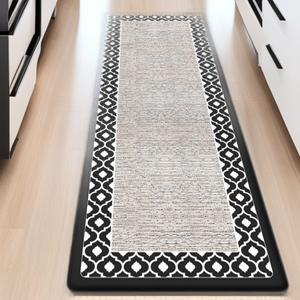 Tapis de cuisine géométrique moderne rectangulaire en PVC, anti-fatigue, imperméable, antidérapant, gris clair avec bordure noire - Product Image 1