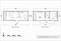 Maison modulaire moderne à deux étages en conteneurs avec balcon, portes coulissantes, fenêtres et toit à baldaquin