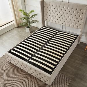 Lit simple Queen Size au design moderne gris et bleu, tête de lit capitonnée en velours moelleux avec dossier ailé, et système de levage hydraulique avec rangement intégré - Product Image 6